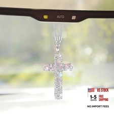 Bling Cross Car Hanging Ornament, Crystal Rhinestone Car Rearview Mirror White