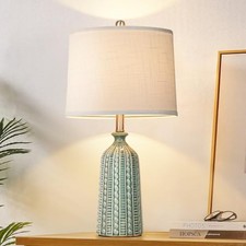Green Ceramic Table Lamp 24.5": 3-Way Dimmable Nightstand Lamp with Blue Green