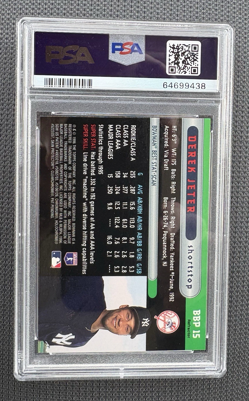 PSA 9 Derek Jeter 1996 Bowman’s Best Rookie Preview REFRACTOR #BBP15 Yankees view 2