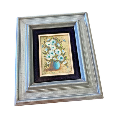 Original Mid Century Decorator Impasto Painting Blue Patinated Frame Velvet Mat