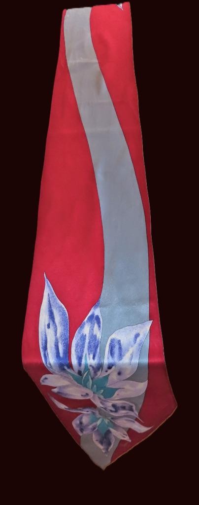 Vera Neumann obong scarf; floral; blue, raspberry, aqua, white; 72 x10; silk?