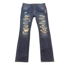 True Religion Billie Mid-Rise Chained Straight Jeans Sz 32 Blue Distressed NWT