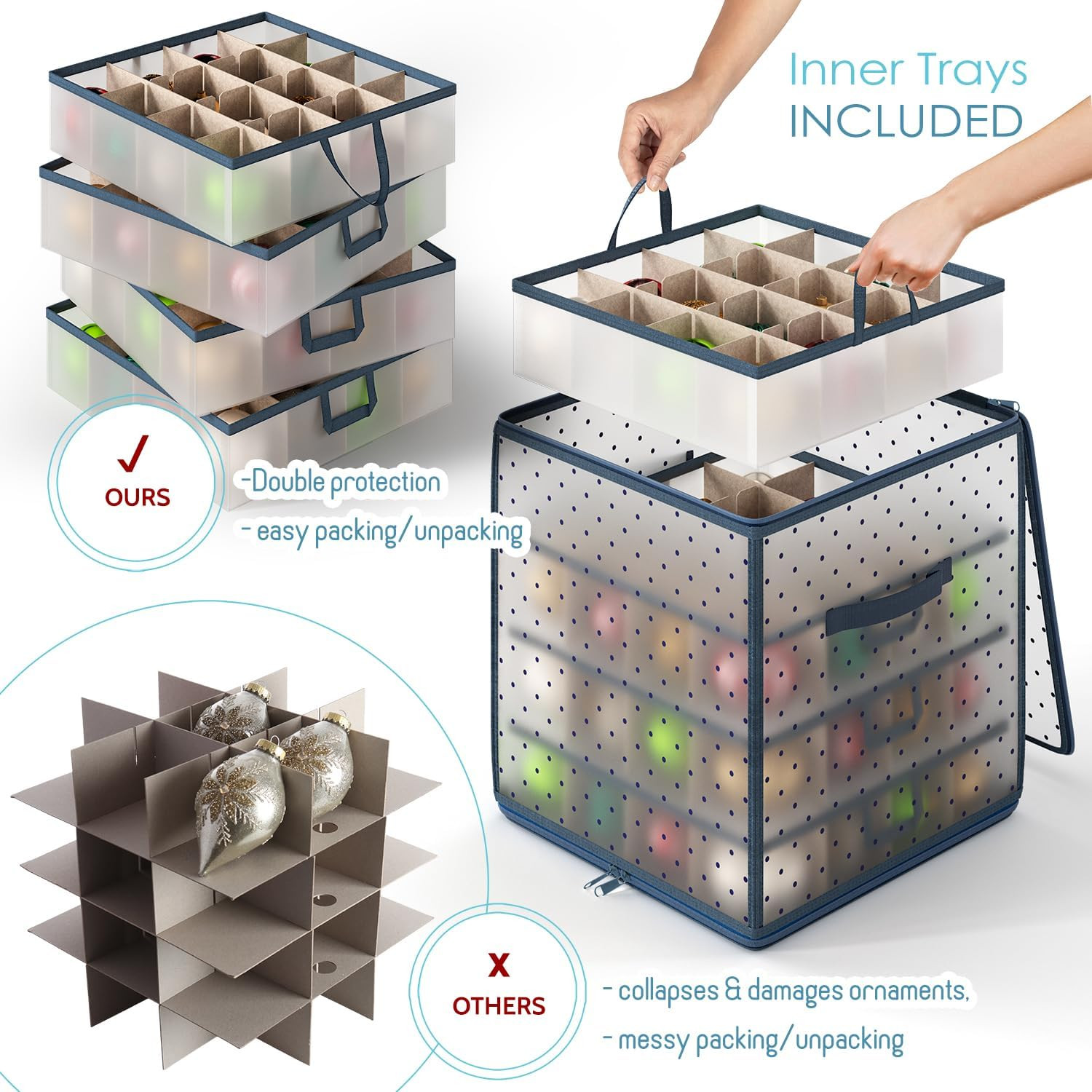 Christmas Ornament Storage Box with 4 Inner Tray Dividers - Plastic Ornament Sto