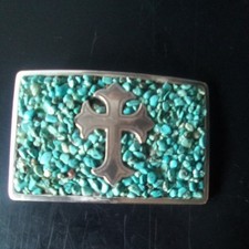 Vintage Nocona Rodeo Belt Buckle With Cross And Turquoise Stones Silver Tone