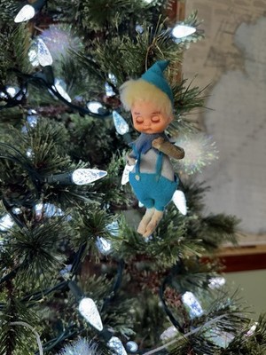 Vintage 50s-60s Blue Felt Dressed Blond Hair Christmas Elf Pixie Made in Japan