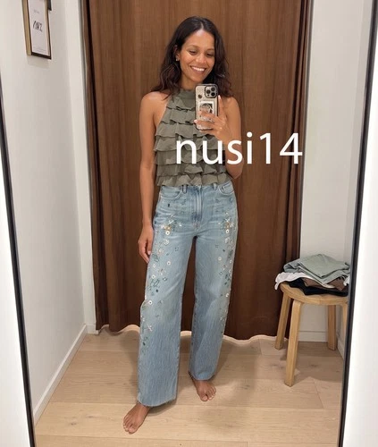 ZARA NEW WOMAN TRF HIGH RISE EMBROIDERED BARREL JEANS FRAYED  BLUE 0695/013/400