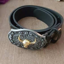 Black Western Belt Size 29 Adjustable Floral Buckle Gold Bull Head Unisex