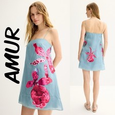 $448 AMUR 100% Silk Fran Blue Mini Dress w/ Floral Details (Flaw) SZ: 2 -final $