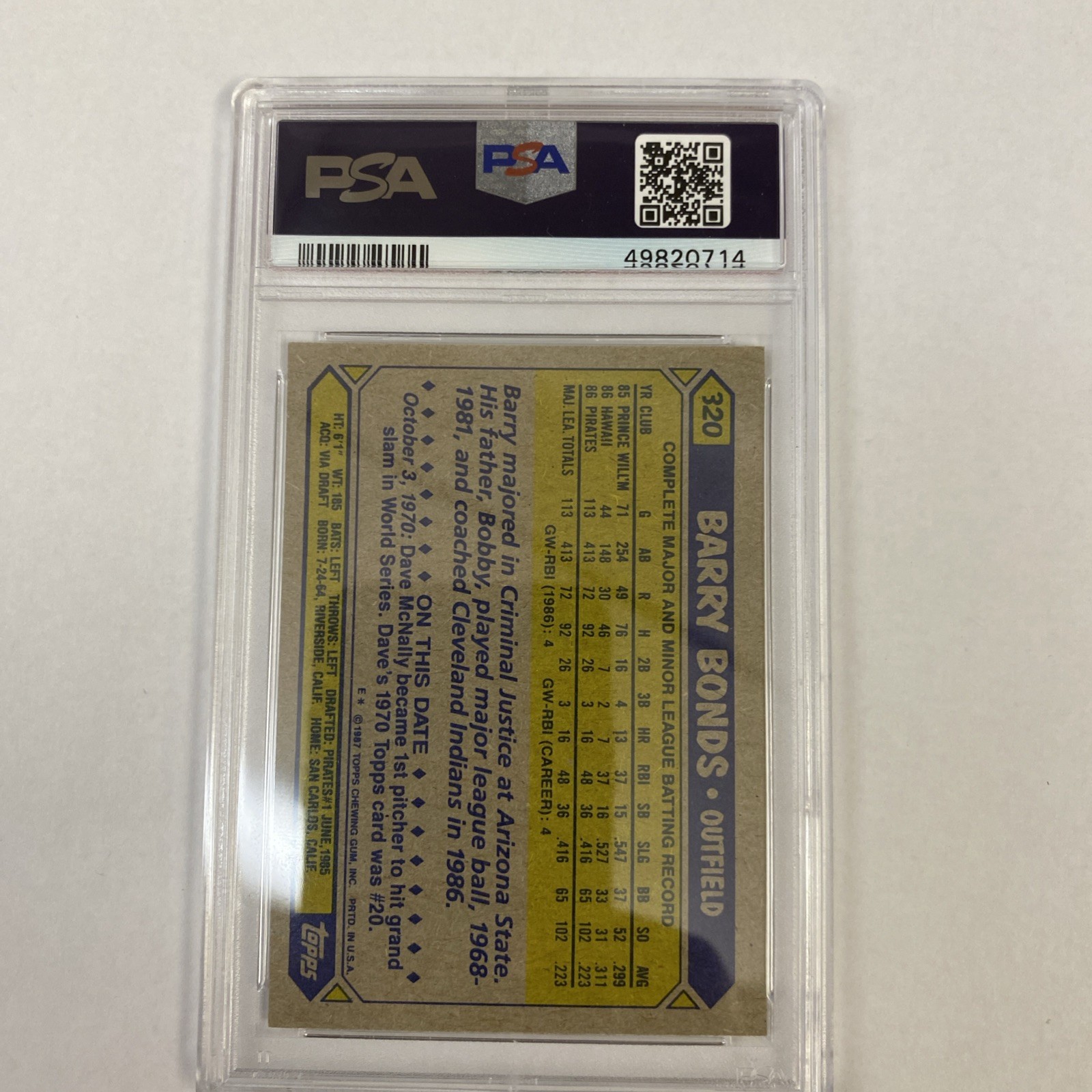 1987 TOPPS #320 BARRY BONDS ROOKIE CARD PSA 9 view 2