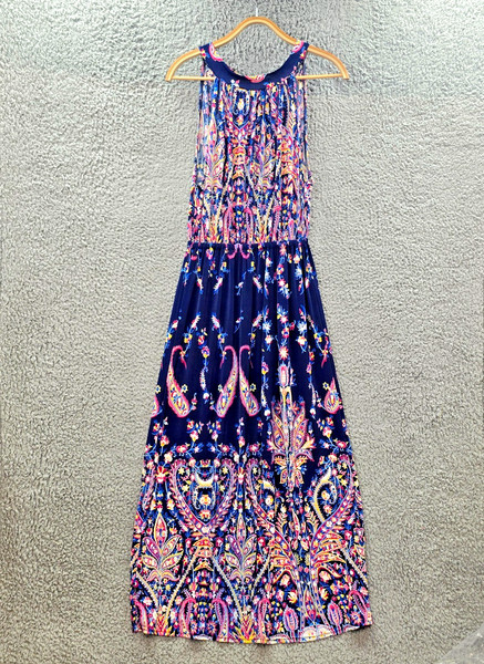 Cherrylane Womens A-line Maxi Dress Size M Blue Pink Yellow Paisley Stretch Knit