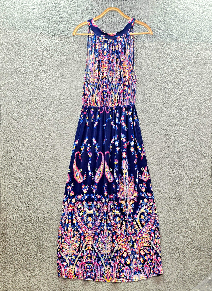 Cherrylane Womens A-line Maxi Dress Size M Blue Pink Yellow Paisley Stretch Knit