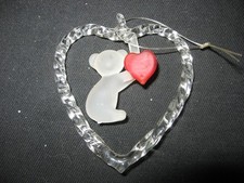 VINTAGE SILVESTRI FROSTED GLASS TEDDY BEAR IN HEART CHRISTMAS ORNAMENT 2 3/4"