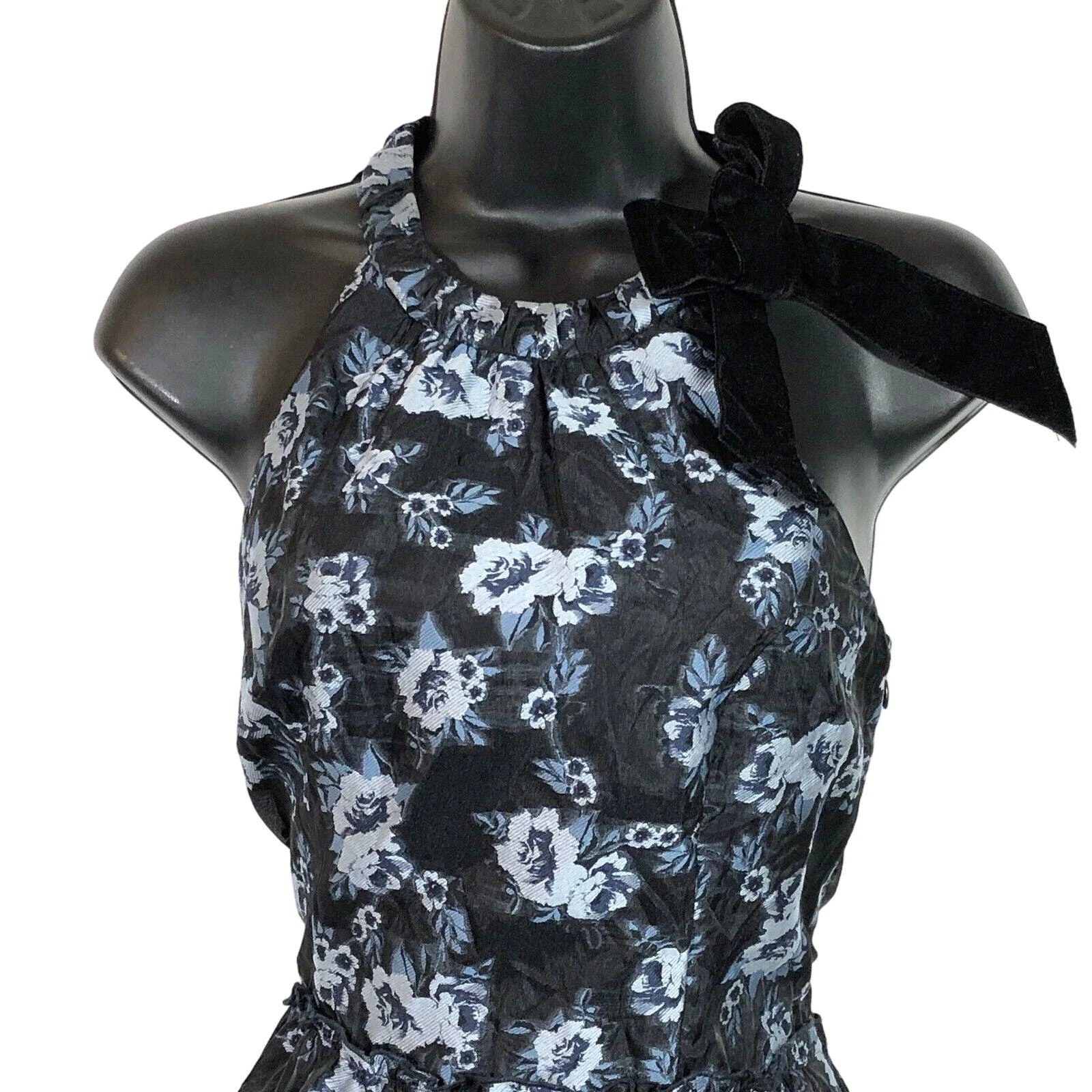 Abito a strati Kate Spade prateria rosa stampa cravatta velluto midi nero blu taglia 0 volant