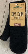 Youth One Size Cozy Cabin Mittens Black Knitted Exterior Gray Faux Fur Lining