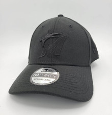 Miami Marlins Hat New Era 39Thirty Baseball Cap Blackout On Black Flex Fit M/L