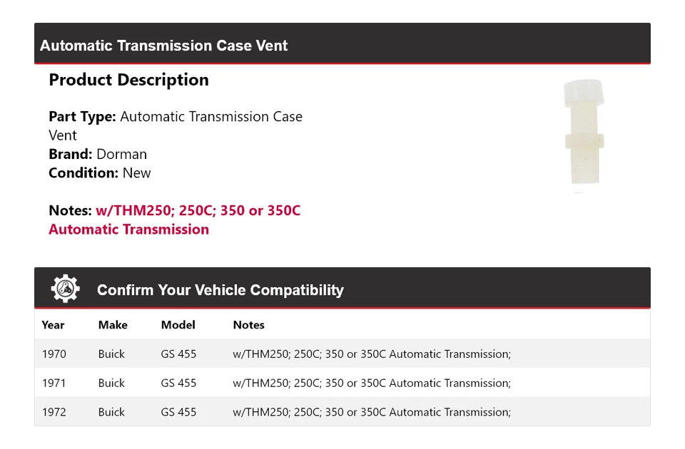 Para Buick GS 455 Dorman 1970-1972 caja de transmisión automática ventilación 1971 Foto 2 de 4