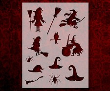 Halloween Witch Hats Brooms Spiders Stencil 8.5 x 11 Inches for Painting