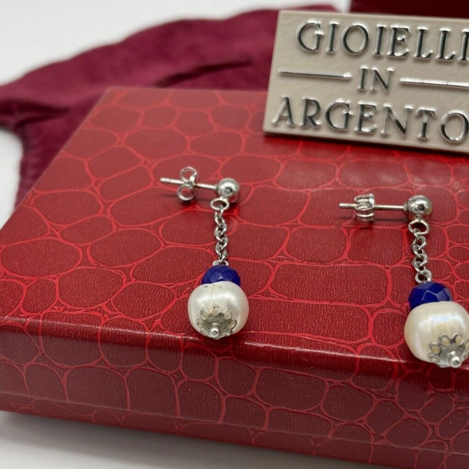 Orecchini di perle pendenti naturali bianche pietre blu argento925 vintage donna - Immagine 4 di 4
