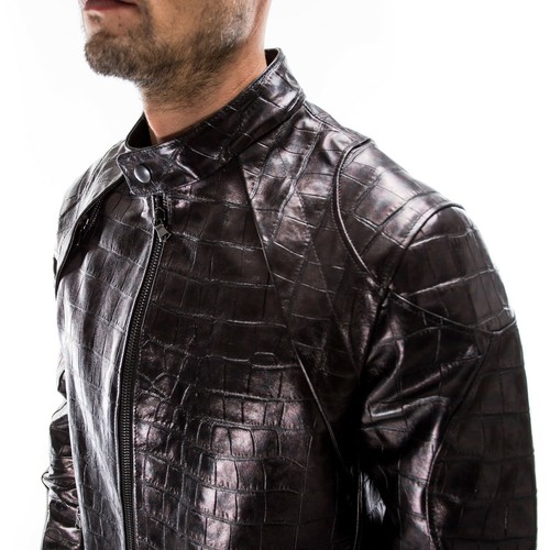 CROCODILE BLACK DISTRESSED Italian handmade men leather slim fit jacket - Picture 3 of 8