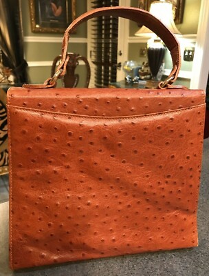 FRANCESCO ROGANI TAN OSTRICH LEATHER SATCHEL HANDBAG w/ BRASS LOGO