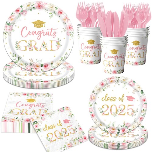 2025 Graduation Party Supplies 150Pcs Floral Congrats Grad Pink Gold 25 Serve