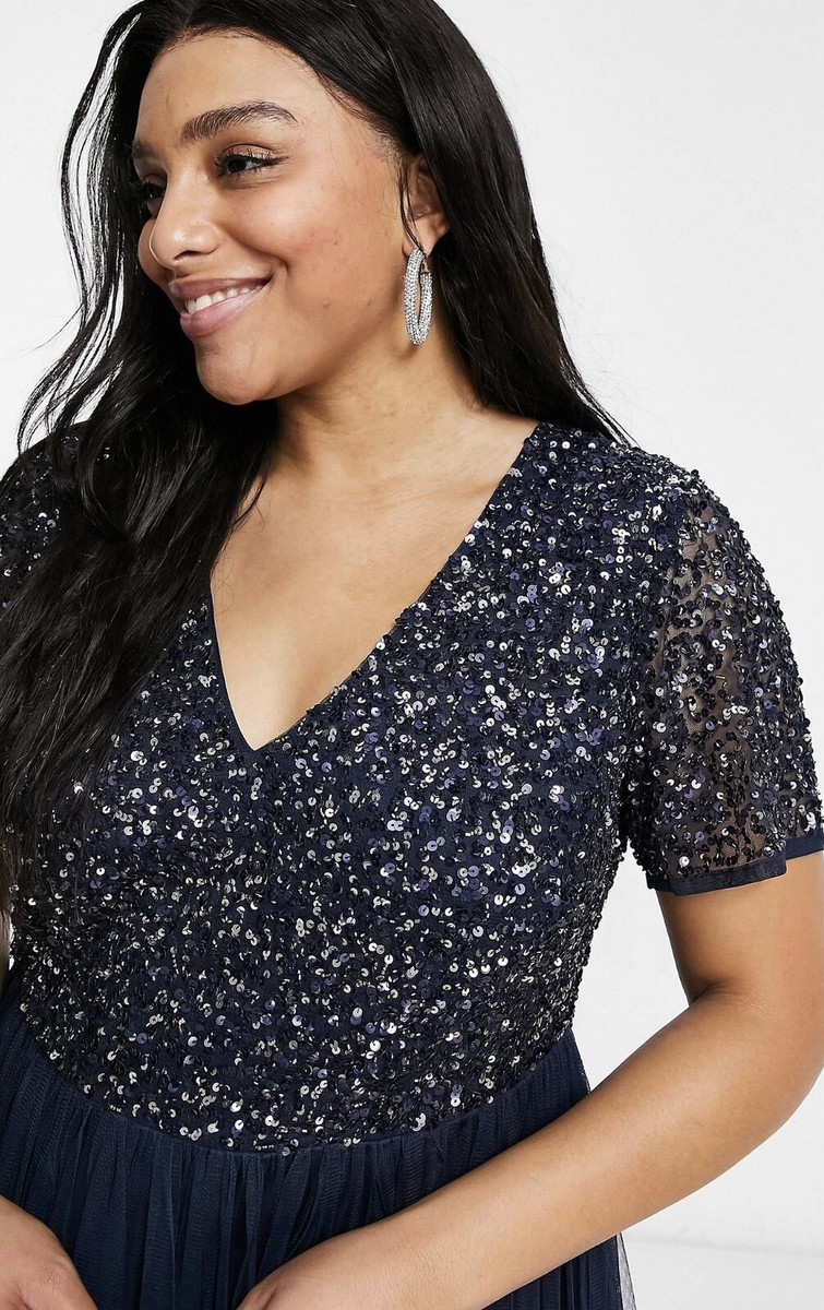 ASOS Curve Maya Plus Size Bridesmade Short Sleeve Maxi Tulle Navy