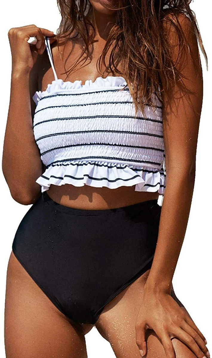 Stripe Strappy And Flower High Waisted Cute Two Piece Tankini Set