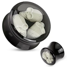 PAIR-3D Skulls Inlaid Black Acrylic Double Flare Ear Plugs 12mm/1/2" Gauge 