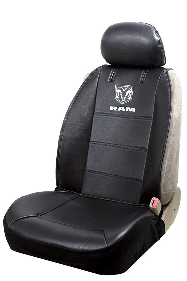 Ram Head Gray Logo Synthetic Leather Sideless Car Truck 2 Front Seat Covers Set - Image 2 of 2