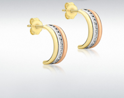 9ct 3-Colour Gold CZ 5mm x 14mm Half-Hoop Earrings UK