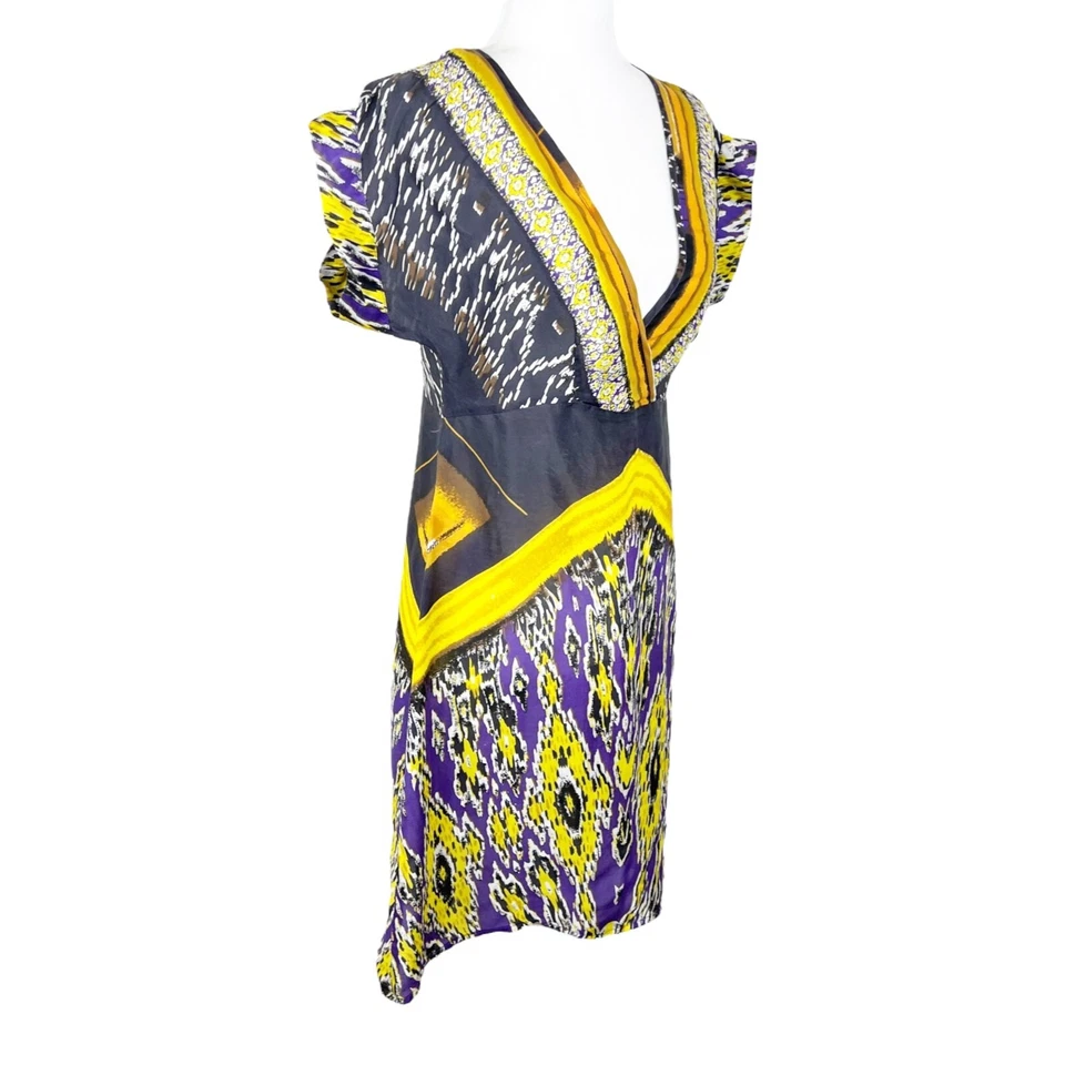 Vestido Kenar Mujer Mediano Púrpura Amarillo Sobrepelliz Seda Manga Corta Mini Informal Foto 4 de 4