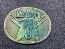 Marlboro Solid Brass 1987 Belt Buckle Philip Morris Long Horn Bull Logo Vintage
