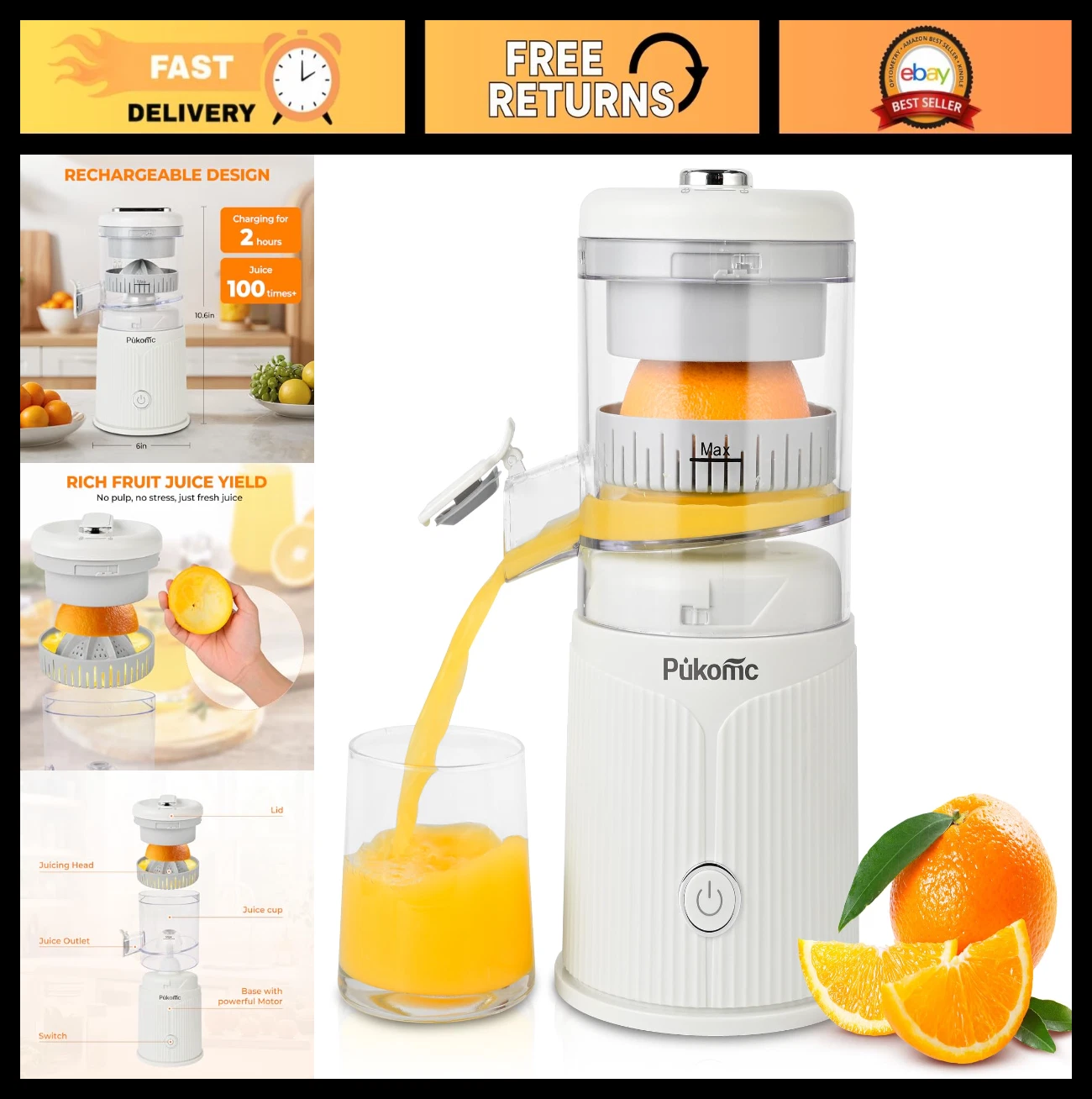 Portable Electric Citrus Juicer - Rechargeable Orange & Lemon Squeezer, USB-C, E