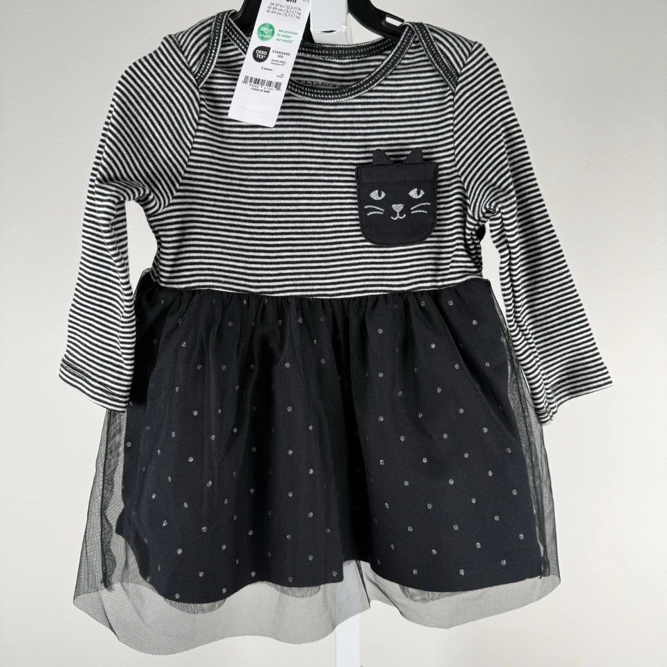 Infant Girls Black Cat Dress/Diaper Cover Set 3-6 Month Pocket Black White NWT - Image 2 of 4