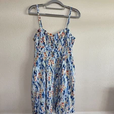 Express Skater Dress Women's Medium Blue Tie-Dye Smocked Fit & Flare Pockets