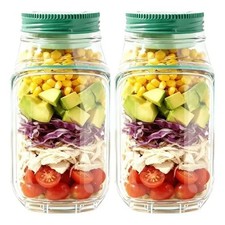 (2) Tarro de albañil para ensalada con apertura lateral y tapa a prueba de fugas - Ensalada portátil de 32 oz