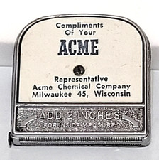 Vintage ACME Chemical advertising Metal Tape Measure 72" Made in USA Retracts
