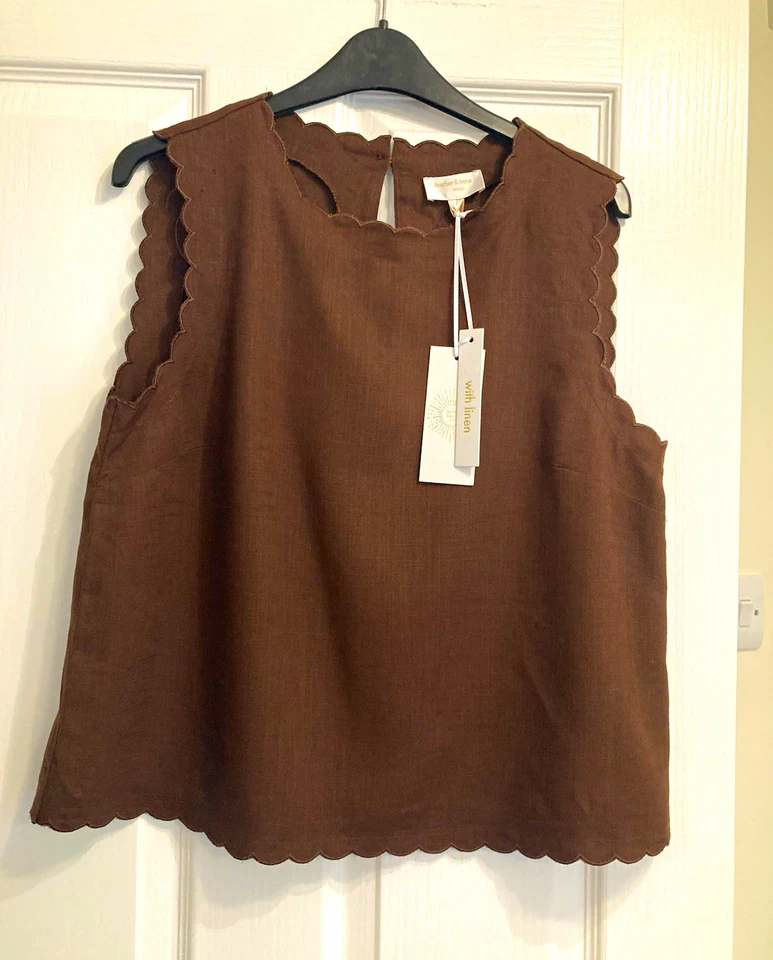 Feather & Bone Brown Scalloped Trim Sleeveless Top - Image 1 of 4