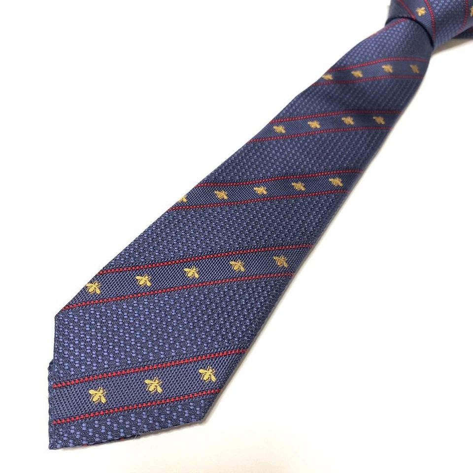 Gucci Neck Tie Skinny Navy Striped Bee 100%Silk Italy unused mint gift F/S - Image 2 of 4