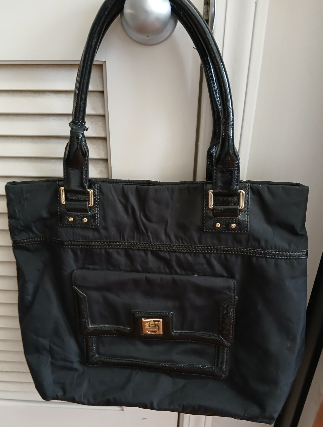 Kate Spade Blakely Black Nylon Faux Patent Leather Tote Bag - Large