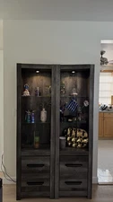 Modern Rustic Display Cabinet, Dark Wood, Build In Top Lighting, Glass Shelves
