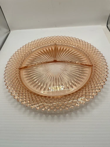 Vintage Anchor Hocking Pink Glass Miss America 3 Part Divided Plate 10.25"