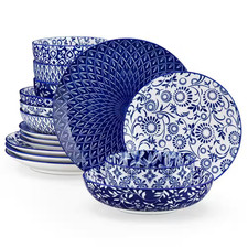 16-Piece Blue Porcelain Dinnerware Set Service for 4 Tableware with Dinner Plate