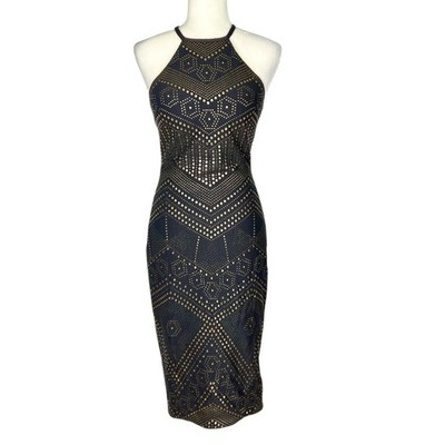 Jovani Womens Bodycon Halter Dress Blue Gold Geometric Dot Print size 4 |  eBay