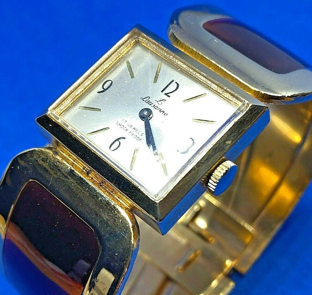 Vintage Lausanne Lady 17J Gold Tone Cuff Bangle Hand-Wind Mechanical Watch Hours