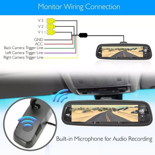 Pyle HD Video Recording System Dash Cam w/Rearview Mirror Monitor, Backup Camera - Picture 2 of 7