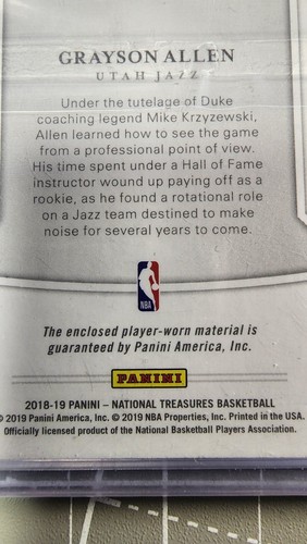 2018-19 Panini National Treasures Materials/99 Grayson Allen #RM-GAL Rookie RC - Imagen 8 de 10