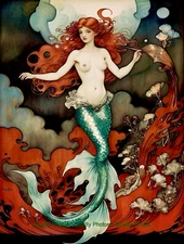 Mermaid with Red Seaweed 8.5x11" Photo Print Style of Arthur Rackham/ Harker Art