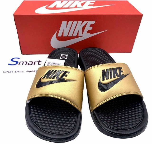 black and gold nike slippers