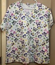 Women's Denice Size L - Short Sleeve White w/ Hearts  Butterflies Scrub Top